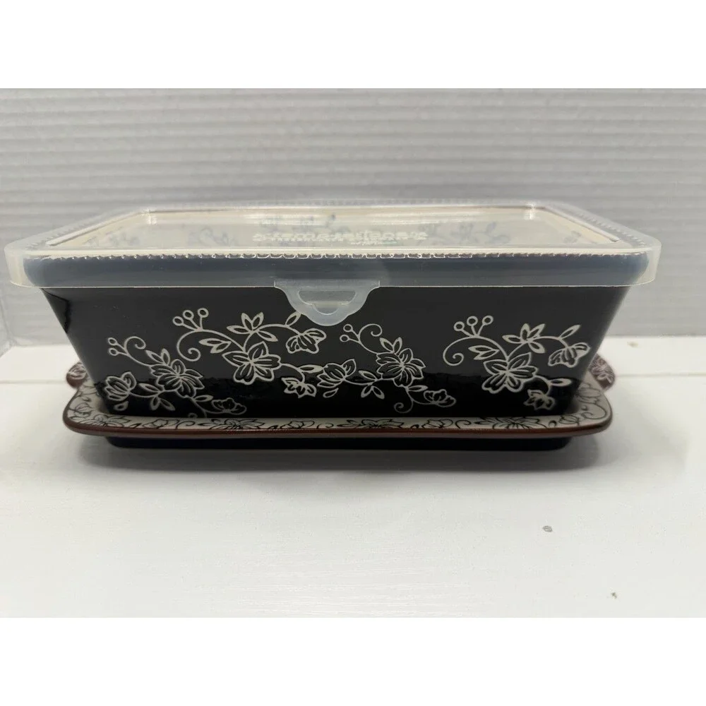 3 Pc TEMP-TATIONS Floral Lace 1 Quart Loaf Bakeware w/Lid & Hotplate